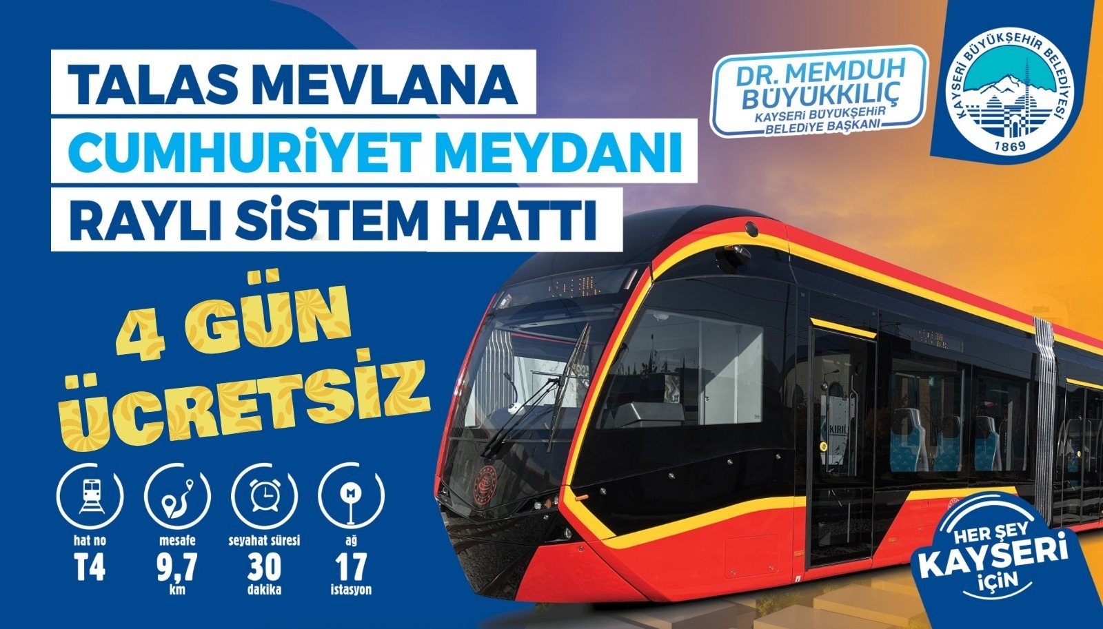 Başkan Büyükkılıç’tan Müjde: “Yeni Tramvay Hattı, 4 Gün Boyunca Ücretsiz”