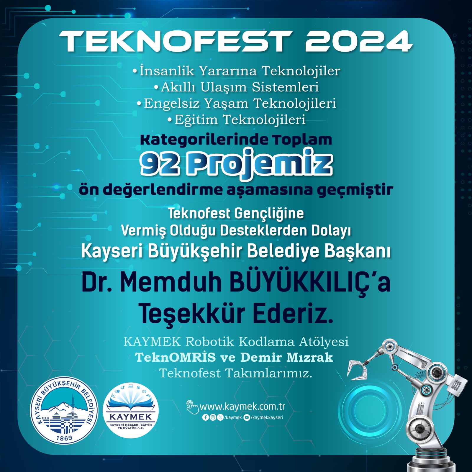 KAYMEK’in ‘Teknofest’ Gençliği, 92 Proje ile Ön Değerlendirme Aşamasına Geçti